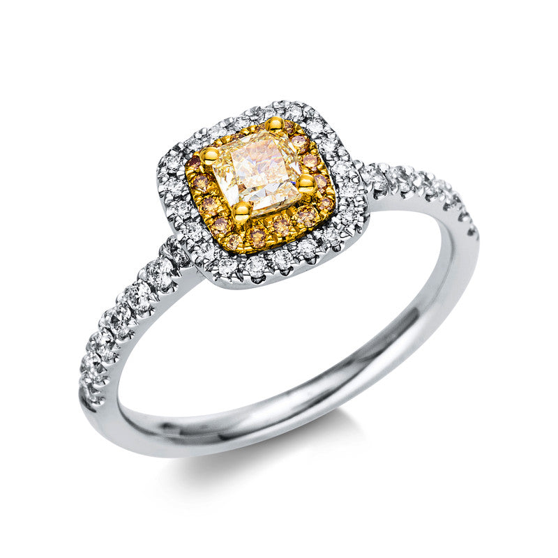 Ring 18 kt WG+GG. 34 Brillanten 0.28 ct. TW-vsi/si. 1 Brill. 0.43 ct. gelb. 16 Brillanten 0.08 ct. gelb. Weite:53