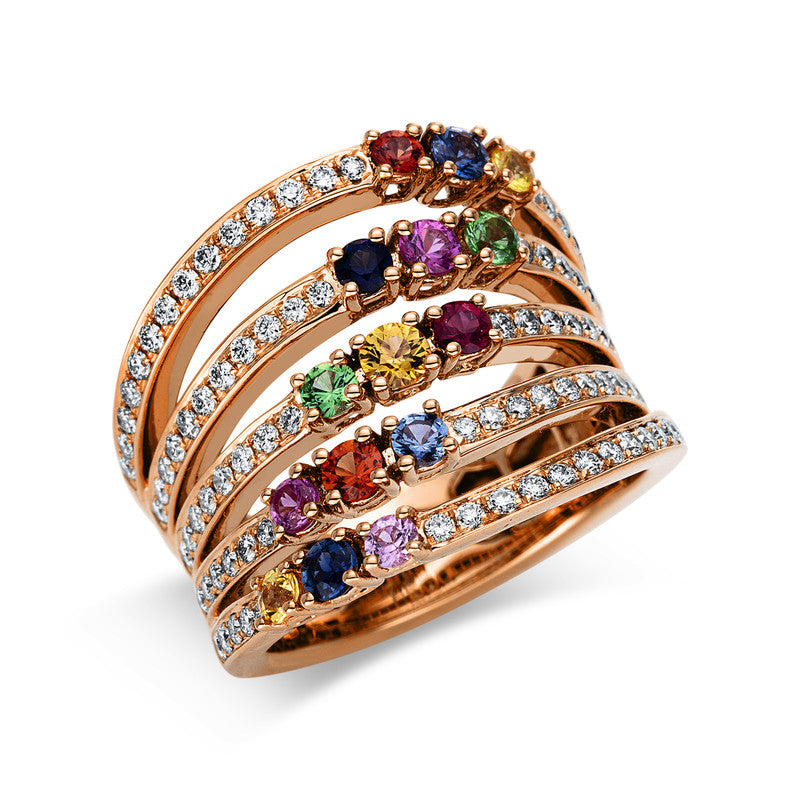 Ring 18 kt RG, 88 Brill. 0,76 ct, TW-vsi/si, 15 Saphire 1,27 ct multicolor