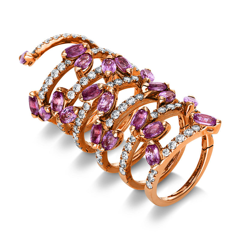 Ring 18 kt RG. 82 Brillanten 2.20 ct. TW-vsi. 21 Saphire 6.52 ct pink. Weite:54