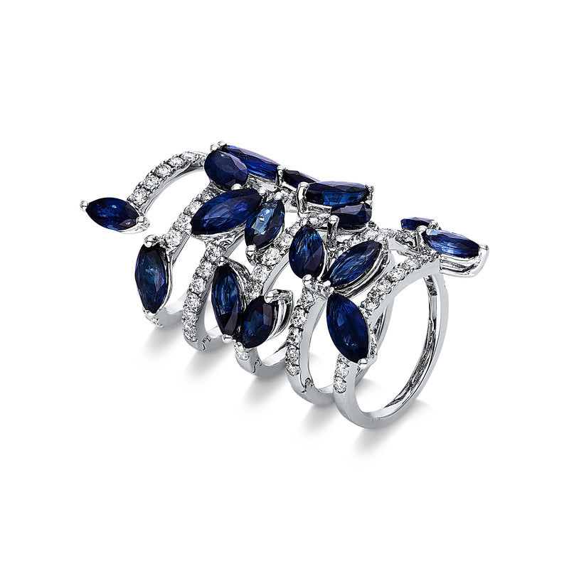 Ring 18 kt WG, 64 Brill. 1,57 ct, TW-vsi, 16 Saphire 12,18 ct blau