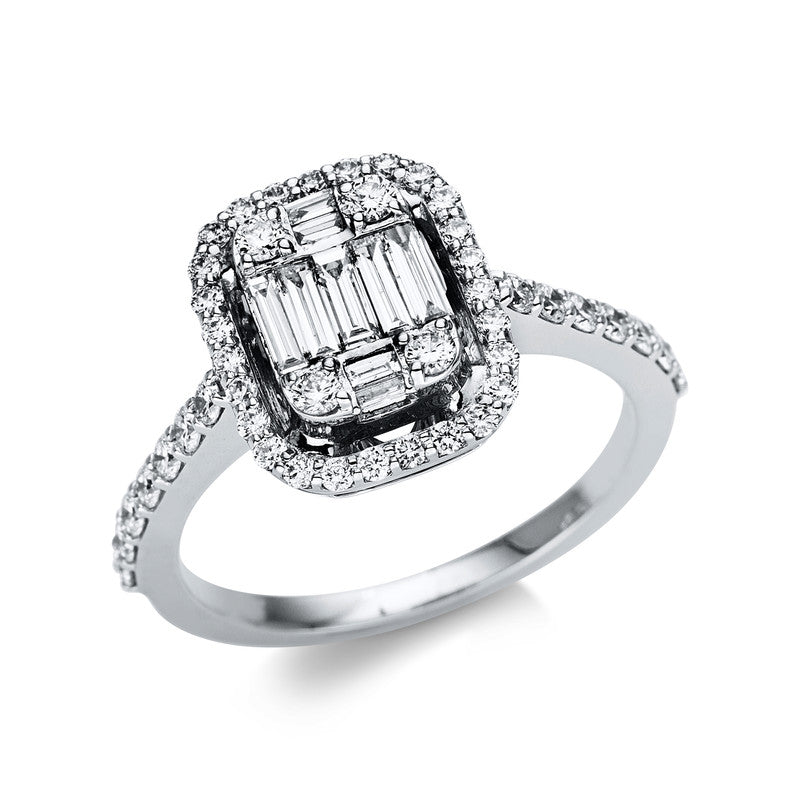Ring 18 kt WG, 8 Bag. 0,29 ct, TW-vsi/si, 46 Brill. 0,51 ct, TW-vsi/si