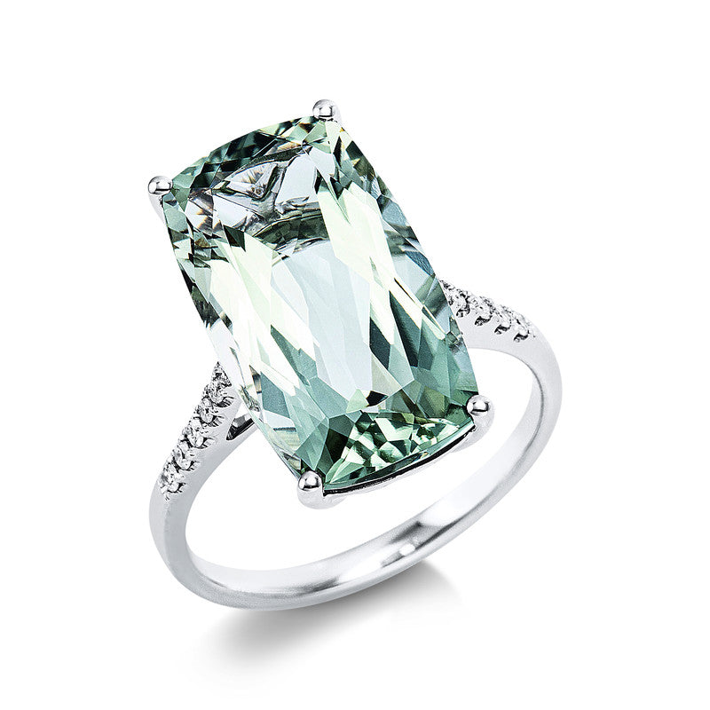 Ring 18 kt WG, 12 Brill. 0,11 ct, TW-si, 1 Amethyst 9,30 ct grün