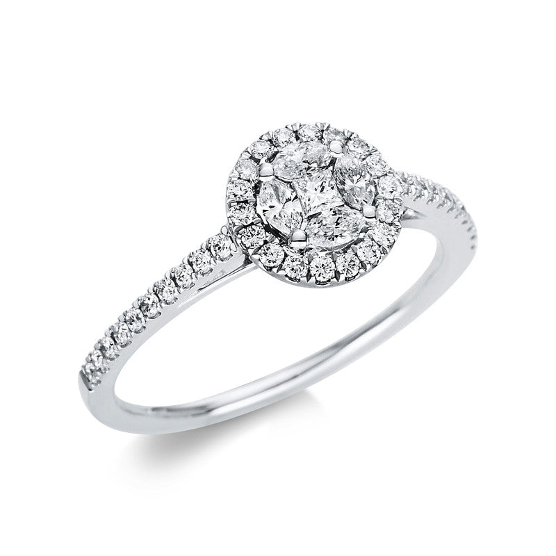 Ring 18 kt WG, 1 Princ. 0,04 ct, TW-si, 4 Nav. 0,14 ct, TW-si, 38 Brill. 0,24 ct, TW-si