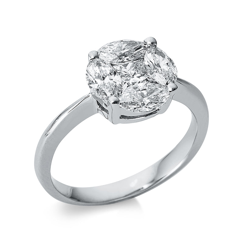 Ring 18 kt WG, 4 Nav. 1,15 ct, TW-si, 1 Princ. 0,37 ct, TW-si