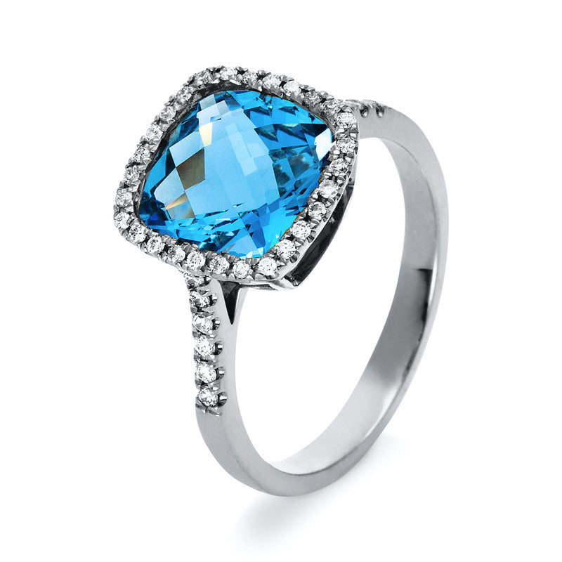 Ring 18 kt WG, 40 Brill. 0,23 ct, TW-si, 1 Topas 4,30 ct blau