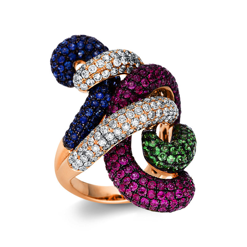 Ring 18 kt RG. 165 Brillanten 2.03 ct. TW-si. 96 Saphire 1.44 ct blau. 159 Rubine 2.42 ct rot. 68 Tsavorith 1.00 ct grün. Weite:54