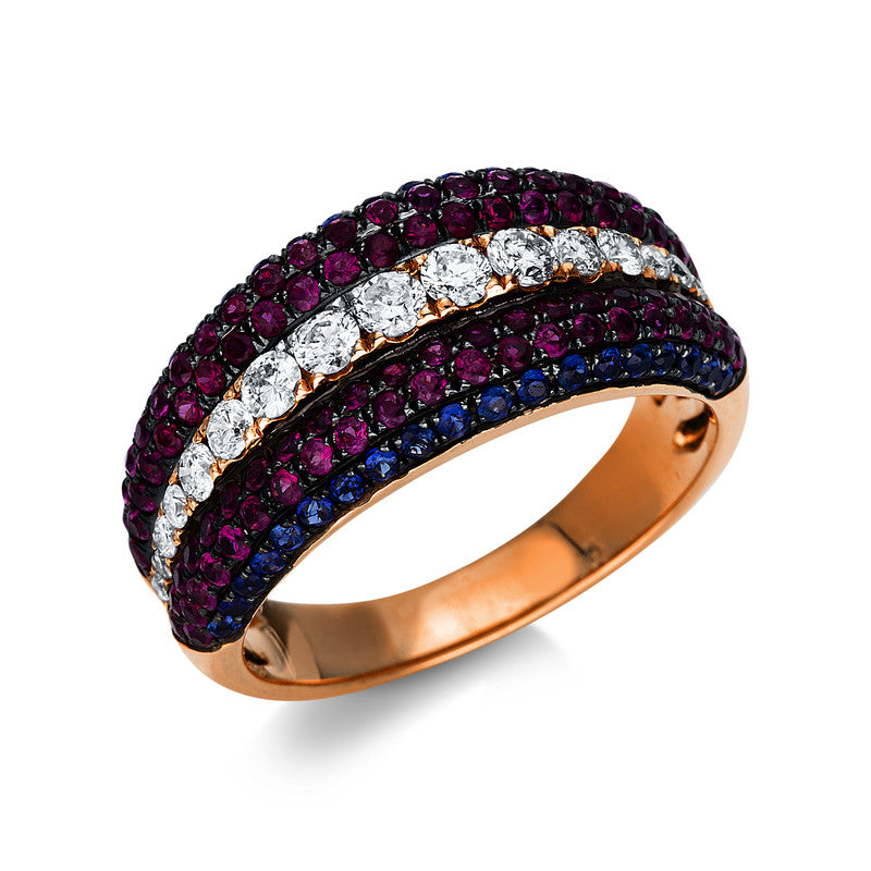 Ring 18 kt RG, 17 Brill. 0,47 ct, TW-si, 86 Rubine 0,87 ct rot, 38 Saphire 0,38 ct blau
