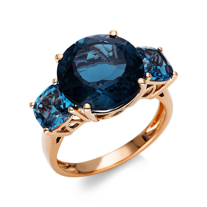 Ring 4er-Krappe 18 kt RG. 1 Topas 8.40 ct Lond. blue. 2 Topase 2.60 ct Lond. blue. Weite:54