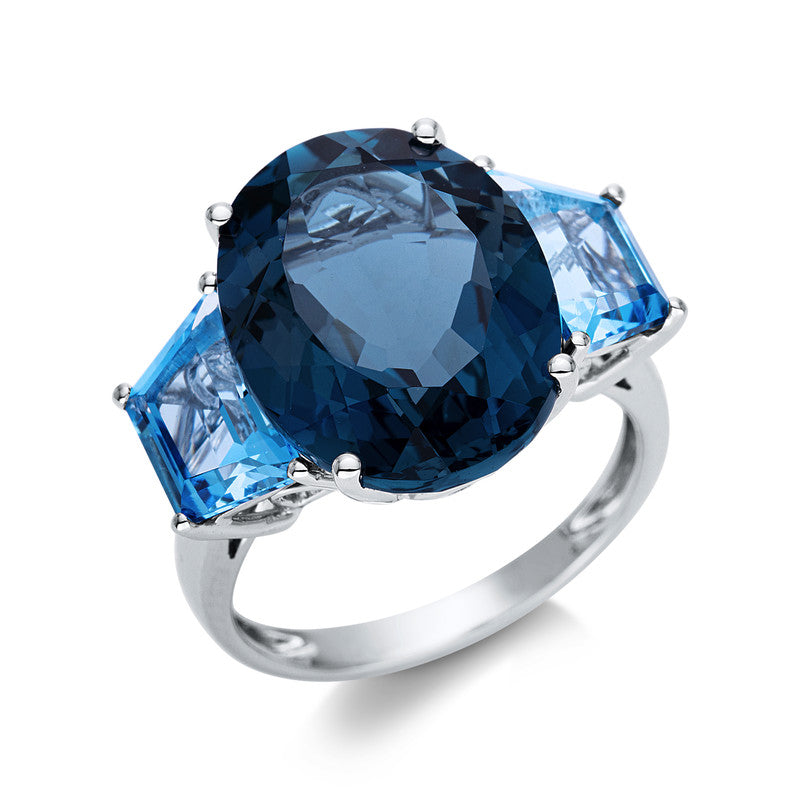 Ring 18 kt WG, 1 Topas 12,70 ct Lond. blue, 2 Topase 3,60 ct blau