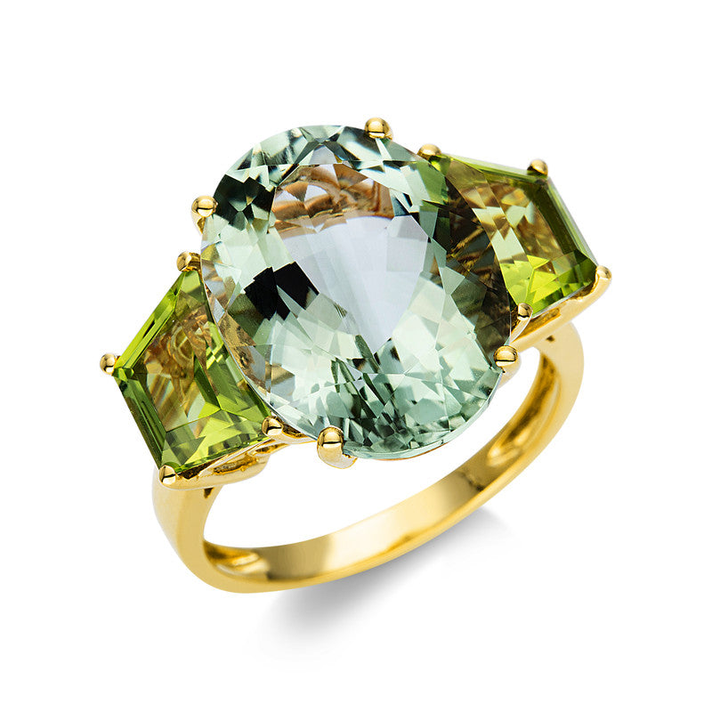 Ring 18 kt GG, 1 Amethyst 9,60 ct grün, 2 Peridot 3,10 ct grün
