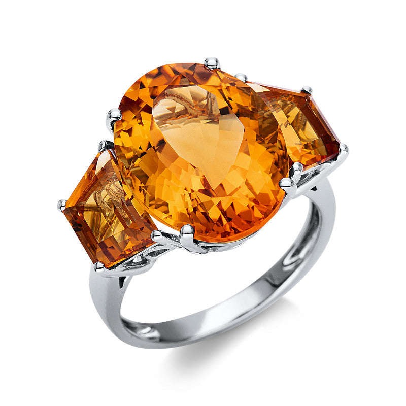 Ring 18 kt WG, 1 Citrin 8,80 ct gelb, 2 Citrin 2,50 ct gelb