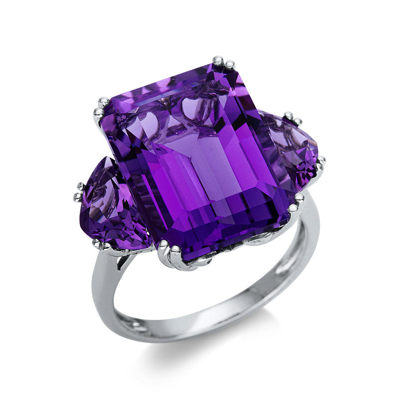 Ring 18 kt WG. 1 Amethyst 12.30 ct lila. 2 Amethyste 1.90 ct lila. Weite:54
