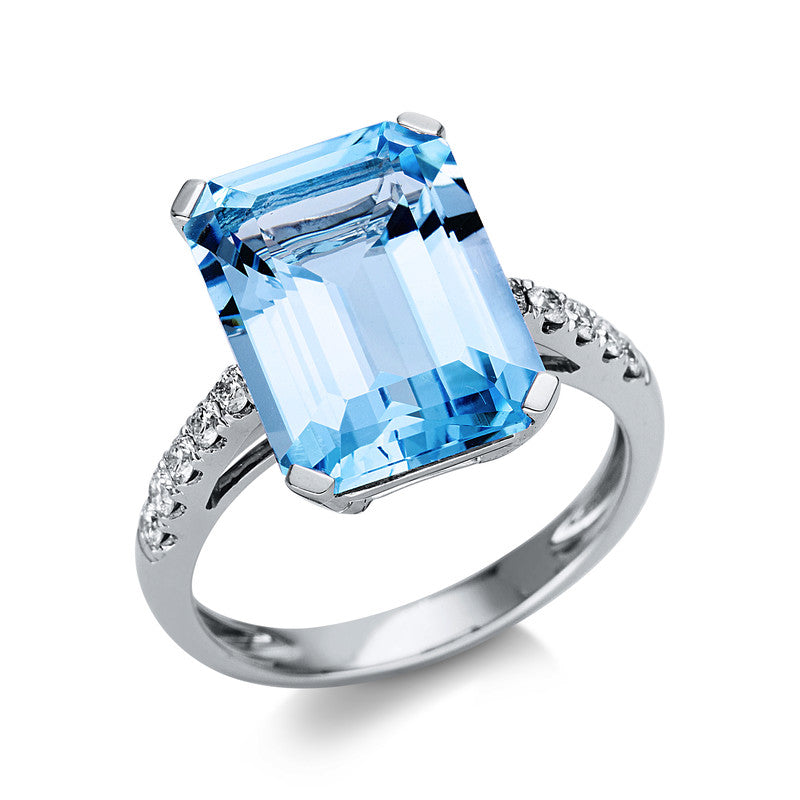 Ring 18 kt WG, 10 Brill. 0,22 ct, TW-si, 1 Topas 9,30 ct sky blue
