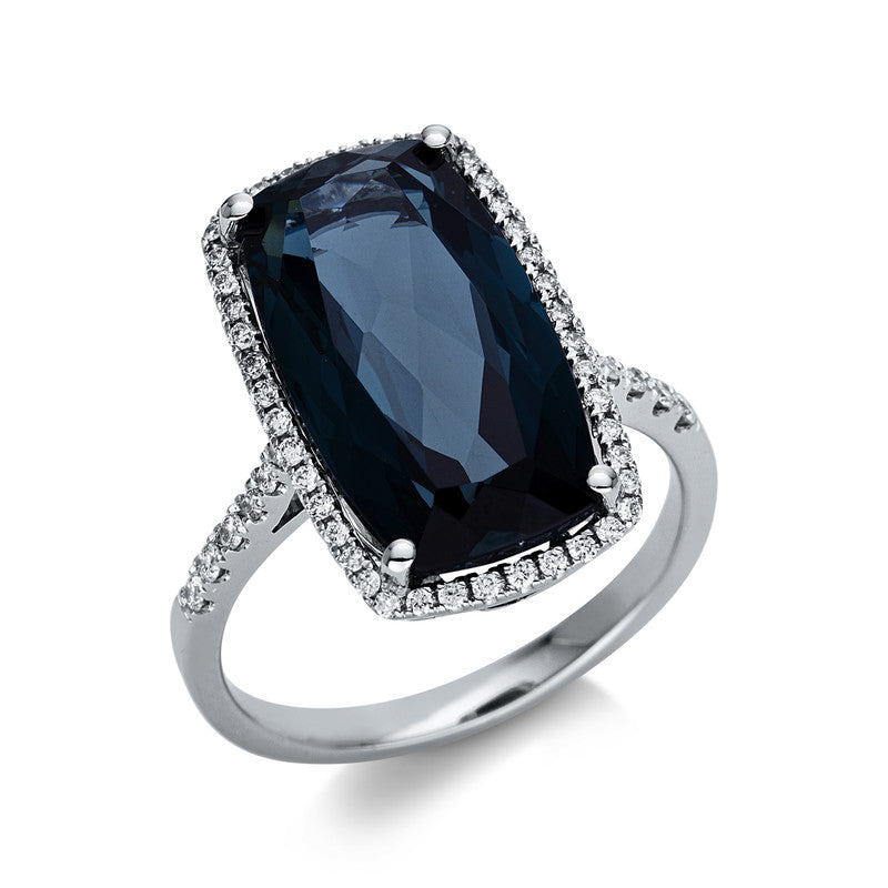 Ring 18 kt WG, 56 Brill. 0,28 ct, TW-si, 1 Topas 8,80 ct Lond. blue