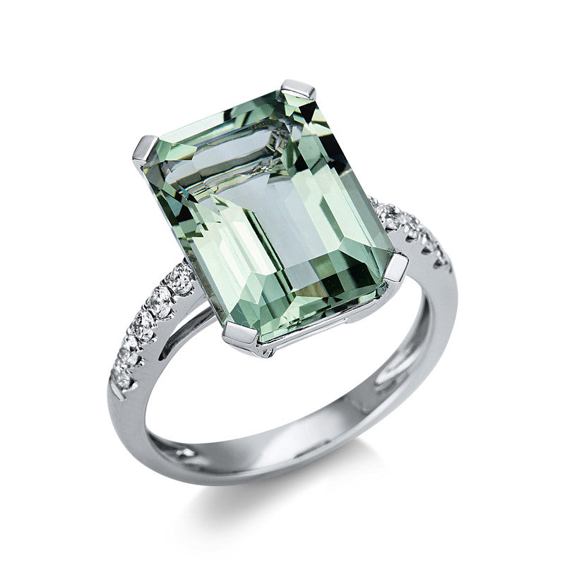 Ring 4er-Krappe 18 kt WG. 10 Brillanten 0.22 ct. TW-si. 1 Amethyst 7.20 ct grün. H:14.0 mm. B:10.0 mm. Weite:54