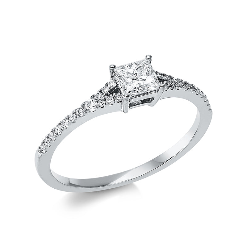 Ring 4er-Krappe 18 kt WG. 1 Princ. 0.32 ct. TW-si. 28 Brillanten 0.12 ct. TW-si. B:4.4 mm. Weite:53
