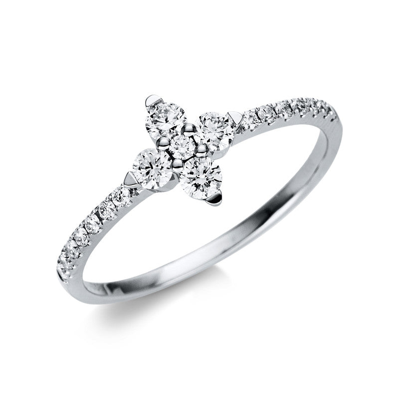 Ring 18 kt WG. 14 Brillanten 0.10 ct. TW-si. 1 Brill. 0.02 ct. TW-si. 4 Brillanten 0.27 ct. TW-si. H:7.9 mm. B:8.2 mm. Weite:54