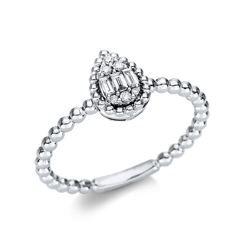 Ring 14 kt WG. 3 Baguette 0.07 ct. TW-si. 6 Brillanten 0.04 ct. TW-si. H:6.6 mm. B:8.7 mm. Weite:54