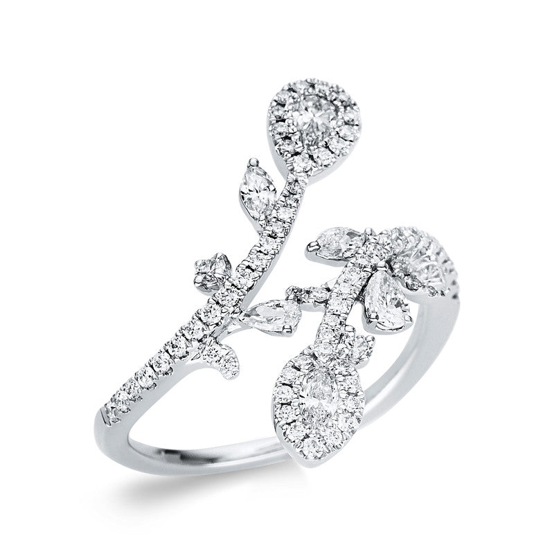Ring 18 kt WG, 3 Tropfen 0,25 ct, TW-si, 3 Nav. 0,17 ct, TW-si, 66 Brill. 0,36 ct, TW-si