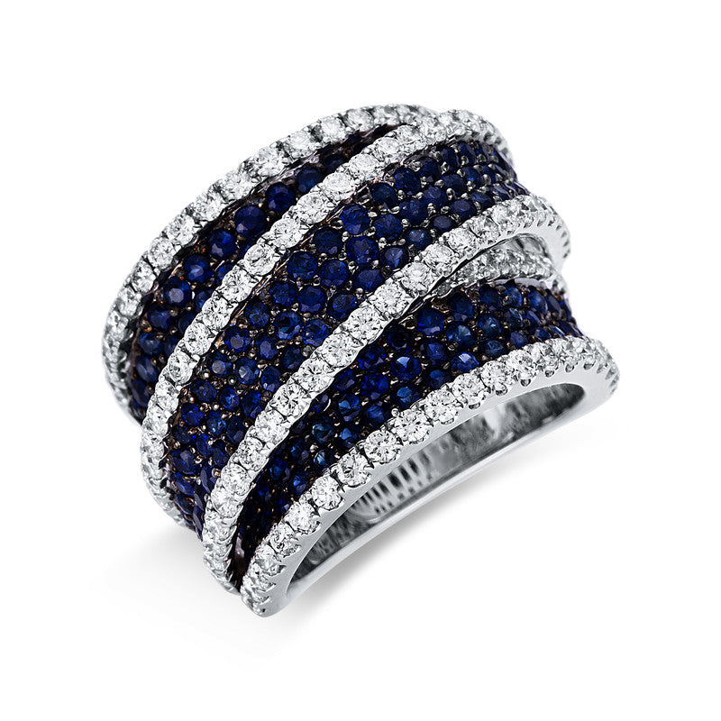 Ring 18 kt WG. Fassung teils schwarz rhodinie. 123 Brillanten 1.85 ct. TW-vsi/si. 161 Saphire 2.53 ct blau. Weite:53