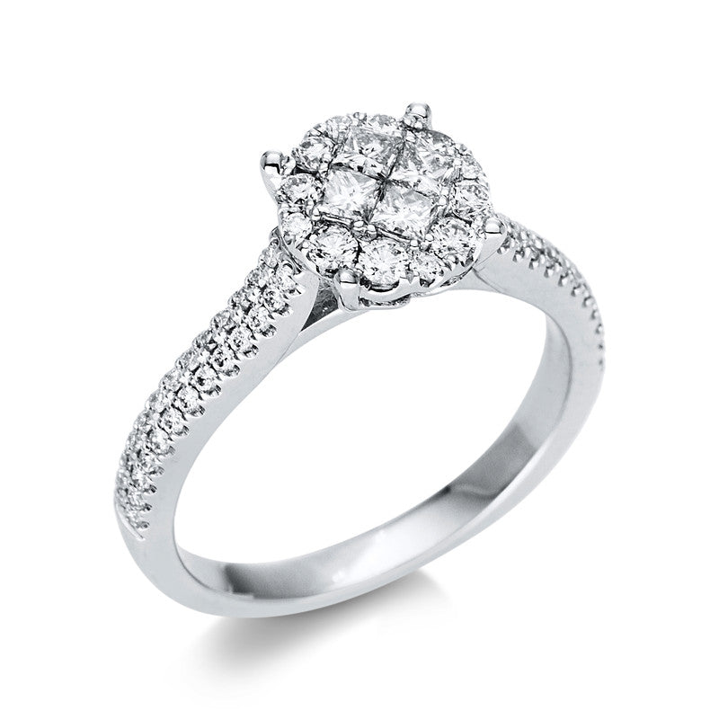 Ring 18 kt WG, 4 Princ. 0,25 ct, TW-vsi/si, 64 Brill. 0,47 ct, TW-vsi/si
