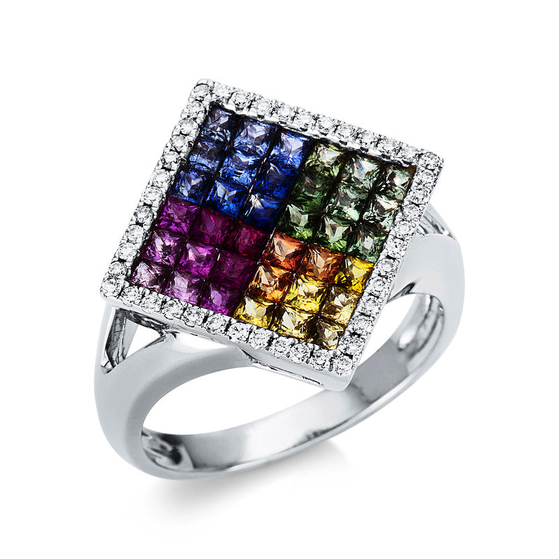 Ring 18 kt WG, 44 Brill. 0,24 ct, TW-si, 36 Saphire 2,13 ct fancy