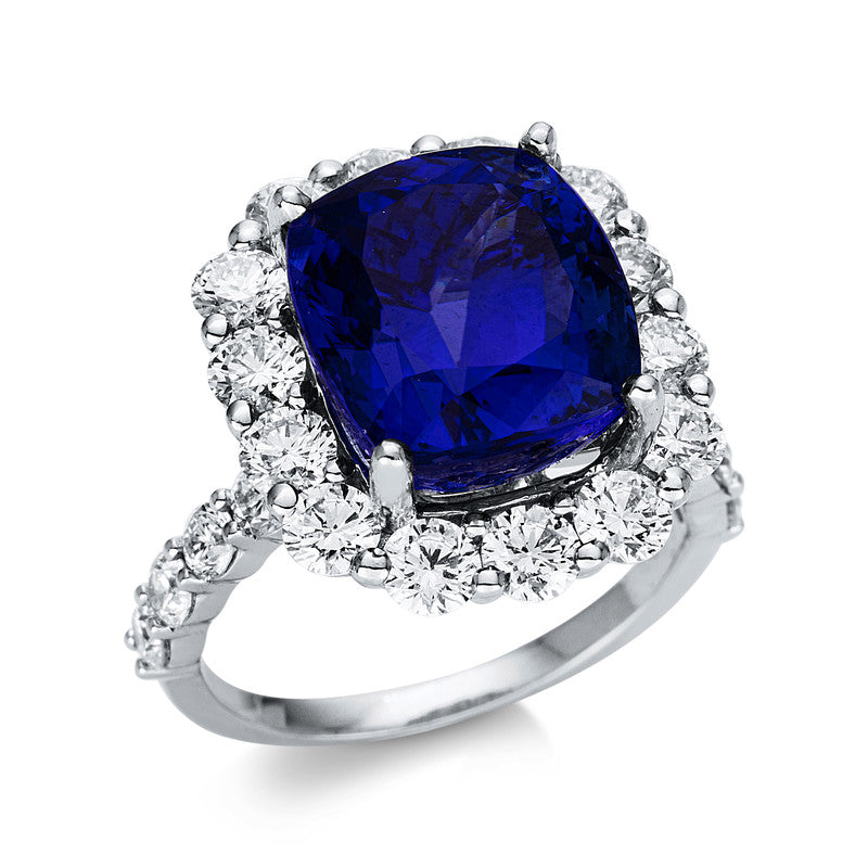 Ring 4er-Krappe 18 kt WG. 22 Brillanten 2.42 ct. TW-vsi. 1 Tansanit 9.27 ct blau. Weite:53