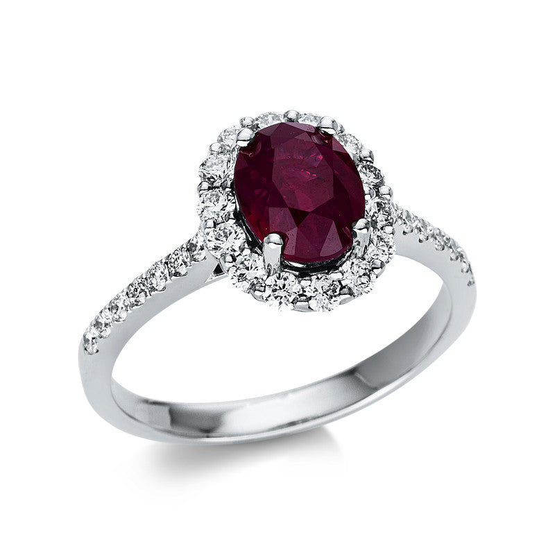 Ring 4er-Krappe 18 kt WG. 28 Brillanten 0.56 ct. TW-vsi. 1 Rubin 2.04 ct. Weite:53