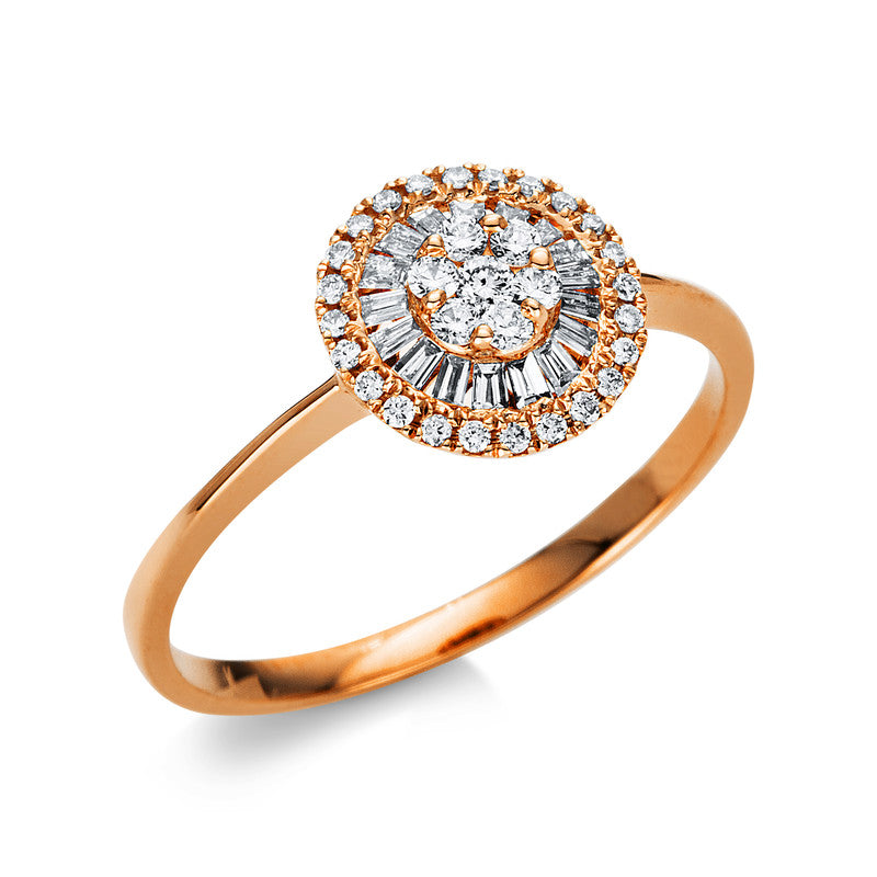Ring 18 kt RG, Fassung rhodiniert, 19 Trap. 0,17 ct, TW-si, 31 Brill. 0,15 ct, TW-si