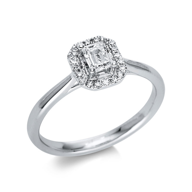 Ring 18 kt WG, 6 Bag. 0,08 ct, TW-si, 20 Brill. 0,10 ct, TW-si, 1 Sm.schliff 0,30 ct, TW-si