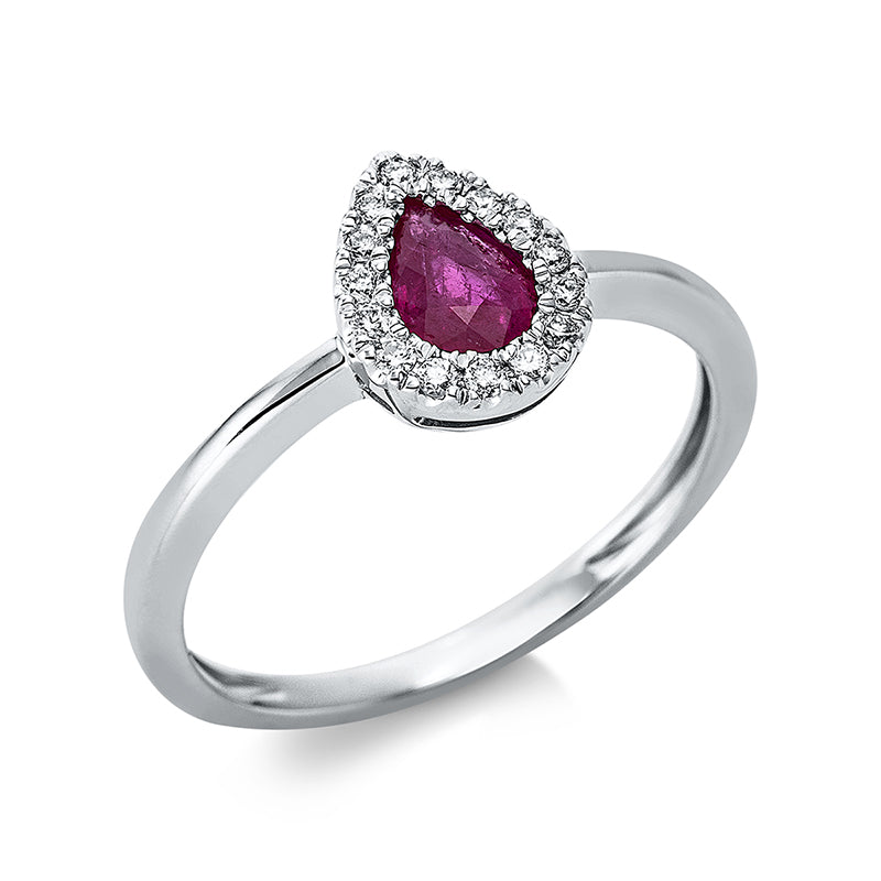 Ring 18 kt WG, 15 Brill. 0,11 ct, TW-si, 1 Rubin 0,46 ct rot