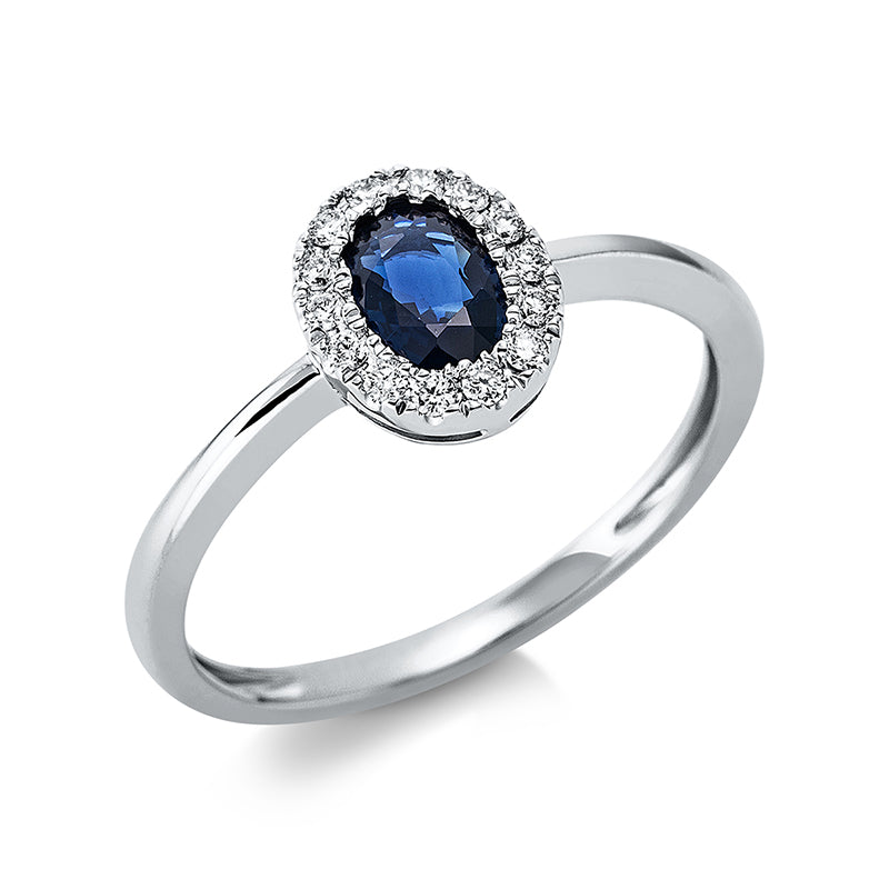 Ring 18 kt WG, 14 Brill. 0,13 ct, TW-si, 1 Saphir 0,50 ct blau