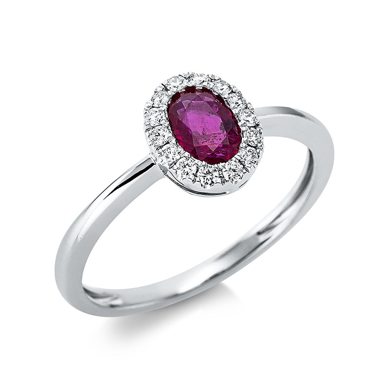 Ring 4er-Krappe 18 kt WG Oval. 14 Brillanten 0.13 ct. TW-si. 1 Rubin 0.64 ct rot. H:7.1 mm. B:8.6 mm. Weite:54