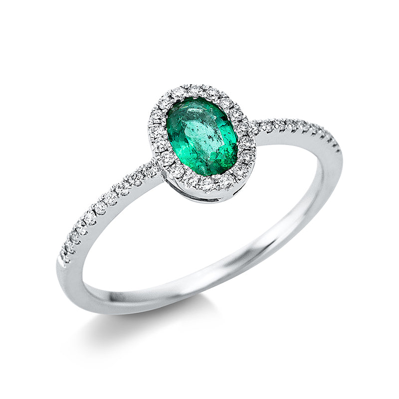 Ring 4er-Krappe 18 kt WG Oval. 38 Brillanten 0.14 ct. TW-si. 1 Smaragd 0.38 ct grün. Weite:54