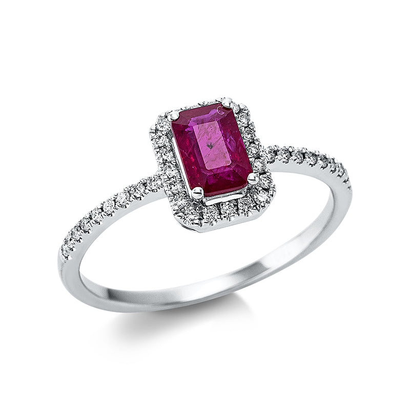 Ring 18 kt WG. 38 Brillanten 0.19 ct. TW-si. 1 Rubin 0.63 ct rot. H:6.5 mm. B:8.3 mm. Weite:54