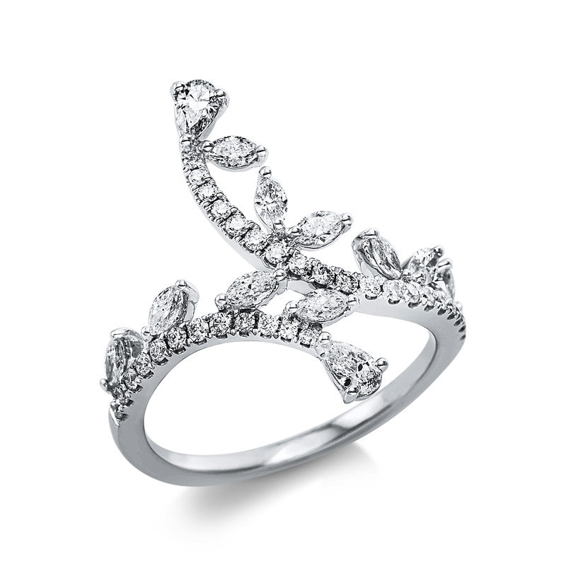 Ring 18 kt WG, 2 Tropfen 0,20 ct, TW-si, 10 Nav. 0,45 ct, TW-si, 31 Brill. 0,25 ct, TW-si