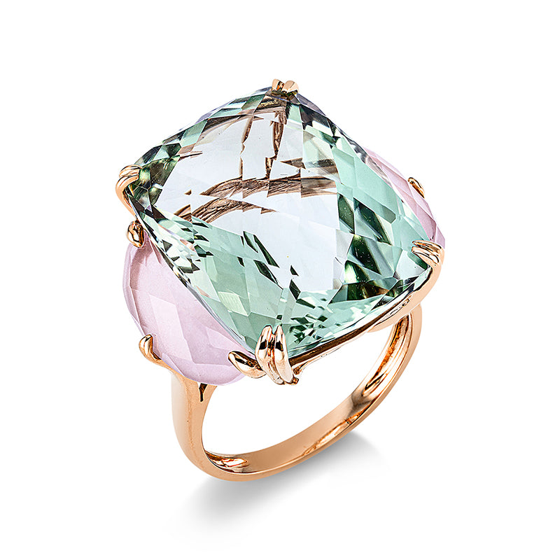 Ring 4er-Krappe 18 kt RG. 1 Amethyst 21.10 ct grün. 2 Quarz 4.10 ct rosa. H:21.9 mm. B:20.0 mm. Weite:54