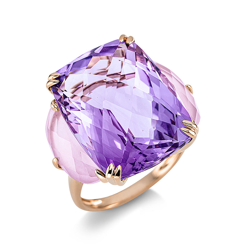 Ring 18 kt RG, 1 Amethyst 20,90 ct, 2 Quarz 3,40 ct rosa