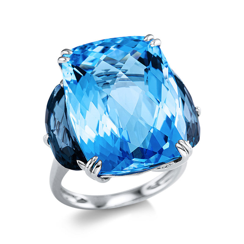 Ring 18 kt WG, 1 Topas 28,90 ct blau, 2 Topase 5,10 ct Lond. blue