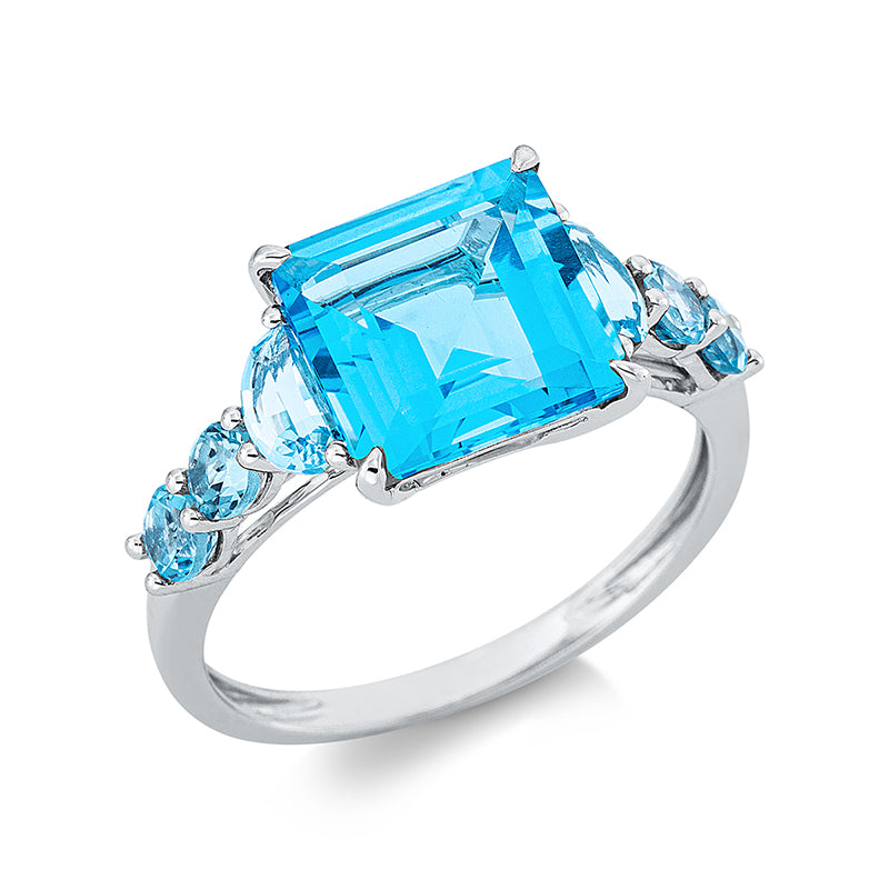 Ring 18 kt WG, 2 Topase 0,60 ct blau, 1 Topas 4,70 ct blau, 4 Topase 0,60 ct blau
