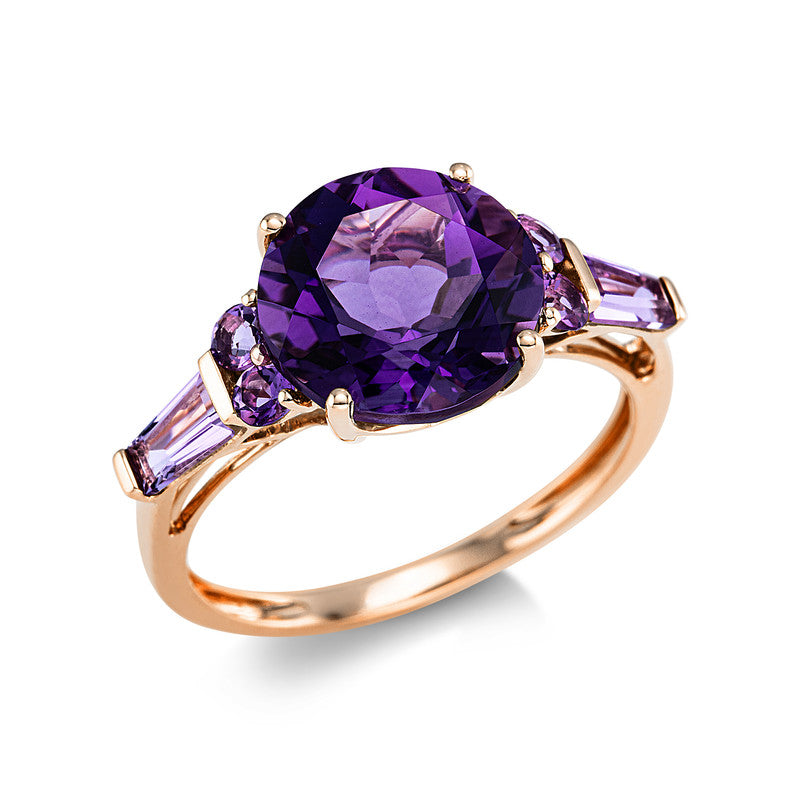 Ring 18 kt RG, 2 Amethyste 0,40 ct lila, 1 Amethyst 3,70 ct lila, 4 Amethyste 0,30 ct lila
