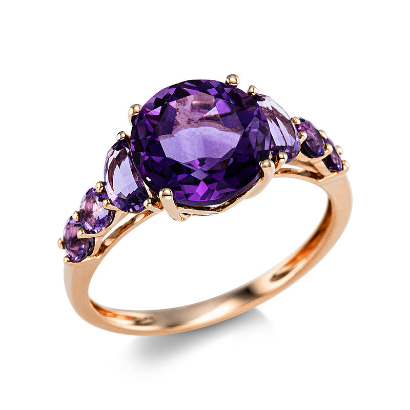 Ring 18 kt RG, 2 Amethyste 0,40 ct lila, 1 Amethyst 2,80 ct lila, 4 Amethyste 0,40 ct lila