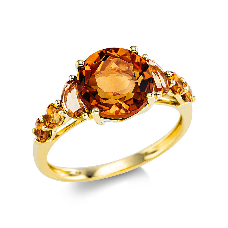 Ring 4er-Krappe 18 kt GG. 2 Citrin 0.40 ct gelb. 1 Citrin 3.00 ct gelb. 4 Citrin 0.50 ct gelb. H:20.0 mm. B:9.0 mm. Weite:54