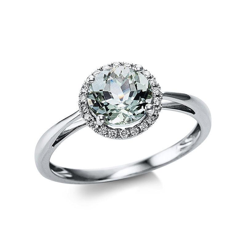 Ring 18 kt WG, 22 Brill. 0,10 ct, TW-si, 1 Amethyst 1,20 ct grün