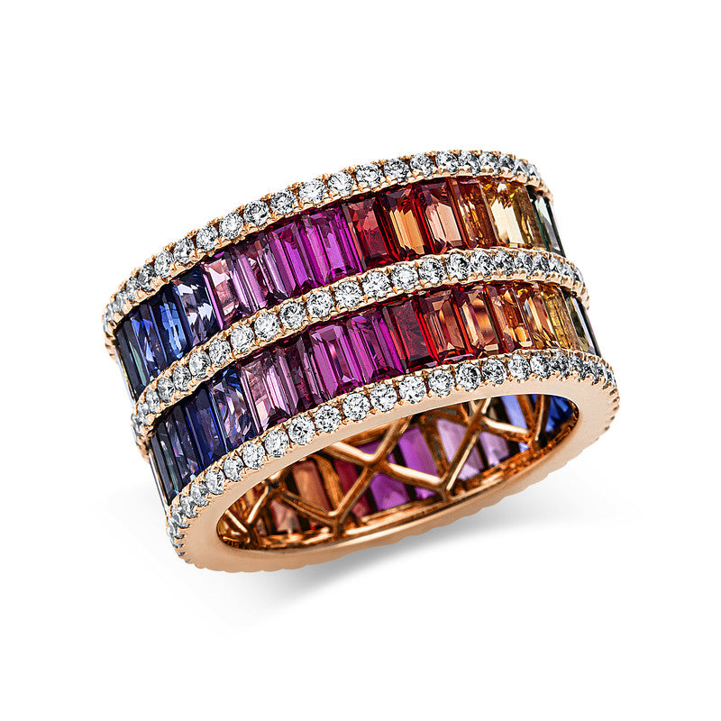 Ring 18 kt RG, 151 Brill. 1,28 ct, TW-si, 68 Saphire 10,13 ct multicolor