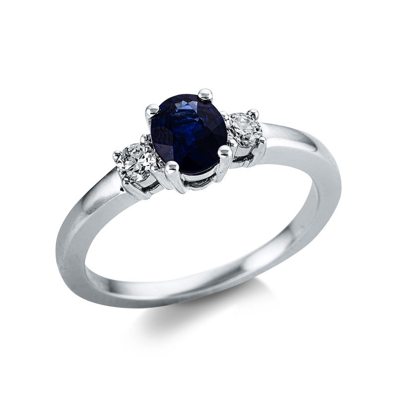 Ring 18 kt WG, 2 Brill. 0,18 ct, TW-vsi, 1 Saphir 0,74 ct blau