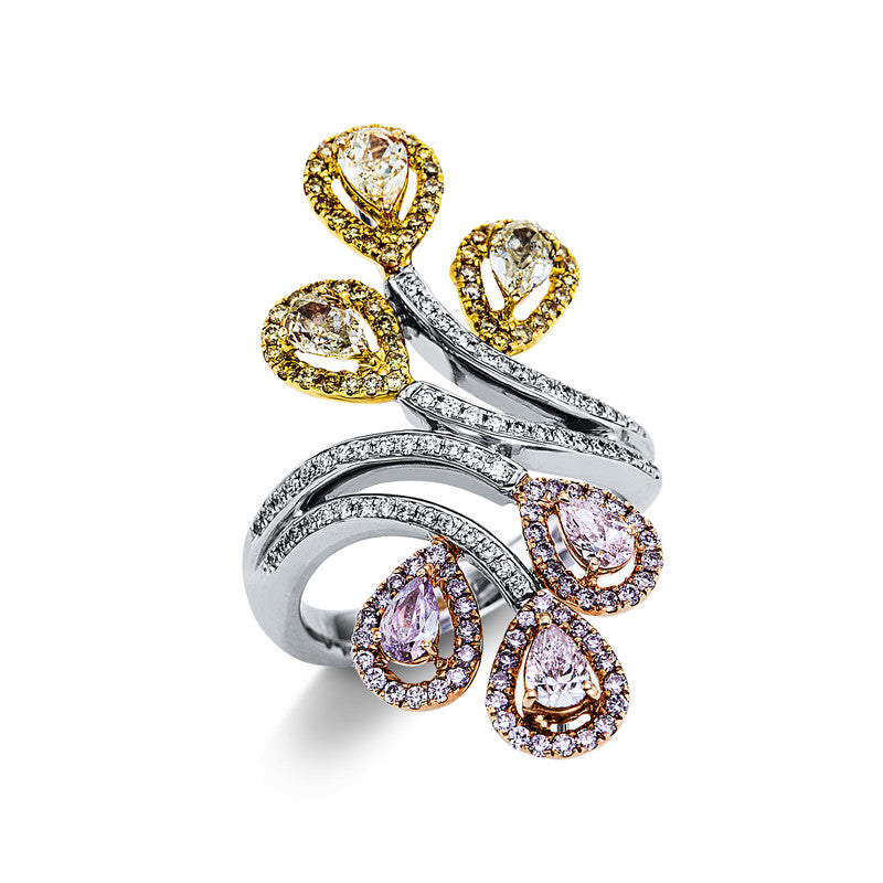 Ring 18 kt WG+GG+RG. 52 Brillanten 0.29 ct. pink-vsi. 52 Brillanten 0.29 ct. gelb-vsi. 3 Tropfen 0.44 ct. pink-vsi. 3 Tropfen 0.76 ct. gelb-vsi. 58 Brillanten 0.22 ct. F-vsi. Weite:52