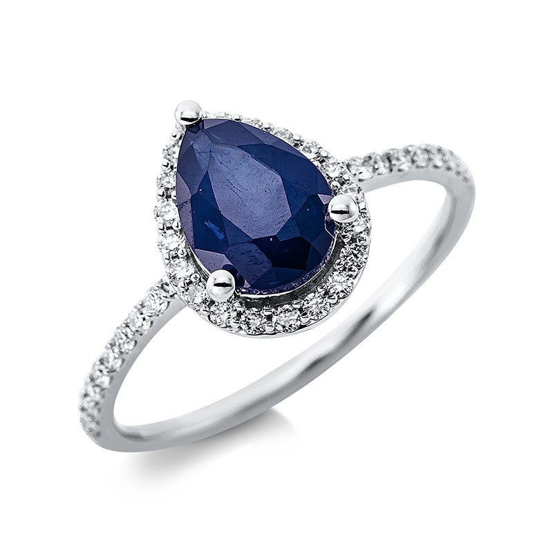 Ring 4er-Krappe 18 kt WG Tropfen. 38 Brillanten 0.21 ct. TW-si. 1 Saphir 1.63 ct blau. Weite:54