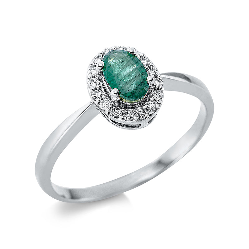 Ring 4er-Krappe 18 kt WG. 16 Brillanten 0.10 ct. TW-si. 1 Smaragd 0.44 ct grün. Weite:54
