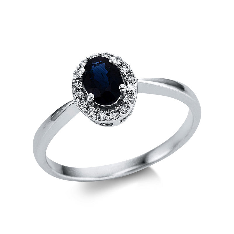 Ring 4er-Krappe 18 kt WG. 16 Brillanten 0.10 ct. TW-si. 1 Saphir 0.57 ct blau. Weite:54